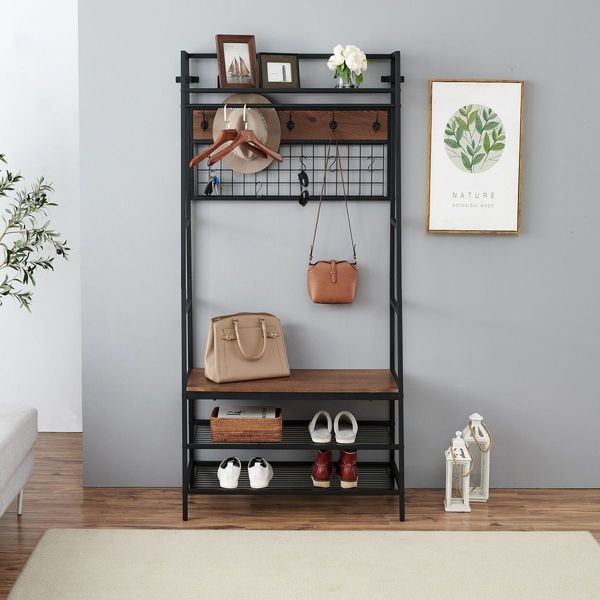 5-In-1 Hall Tree with Storage Bench & Hooks Brown