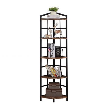 5 Tier Industrial Corner Bookshelf with Metal Frame Brown