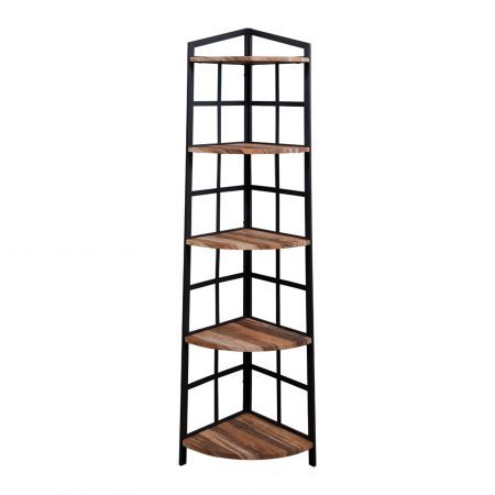 5 Tier Industrial Corner Bookshelf with Metal Frame Brown