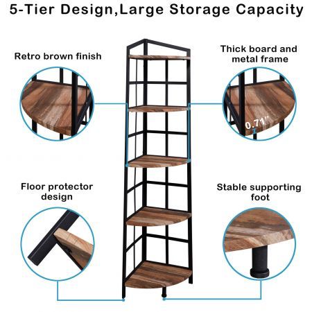 5 Tier Industrial Corner Bookshelf with Metal Frame Brown