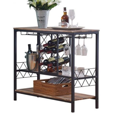 Industrial Wine Rack Table with Glass Holder Brown