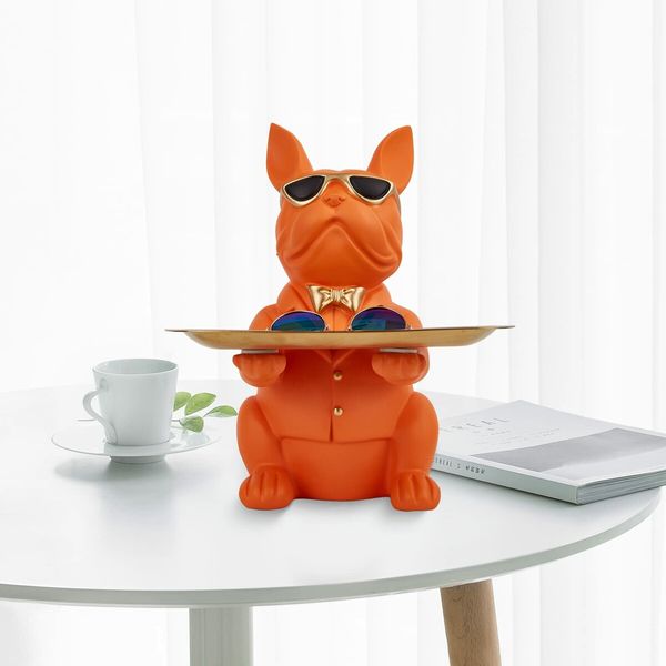 Bulldog Statue Key Bowl for Entryway Table Resin Storage Tray Modern Style Decorations for Home Table-Orange