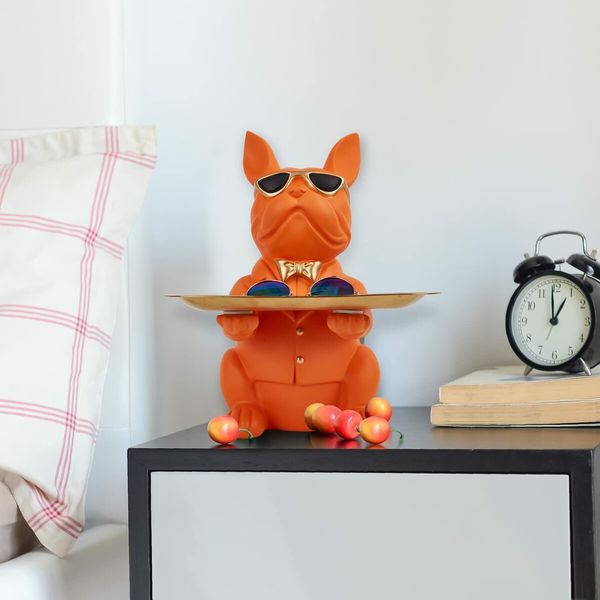 Bulldog Statue Key Bowl for Entryway Table Resin Storage Tray Modern Style Decorations for Home Table-Orange