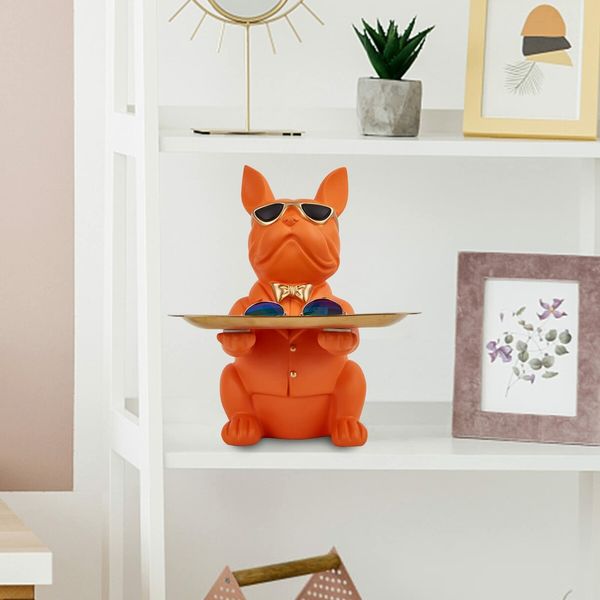 Bulldog Statue Key Bowl for Entryway Table Resin Storage Tray Modern Style Decorations for Home Table-Orange