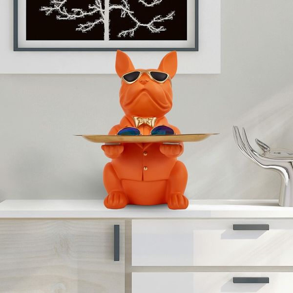 Bulldog Statue Key Bowl for Entryway Table Resin Storage Tray Modern Style Decorations for Home Table-Orange