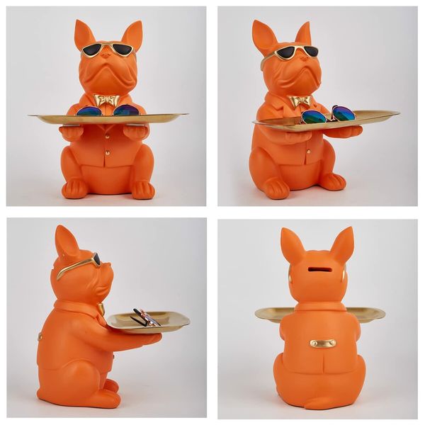 Bulldog Statue Key Bowl for Entryway Table Resin Storage Tray Modern Style Decorations for Home Table-Orange