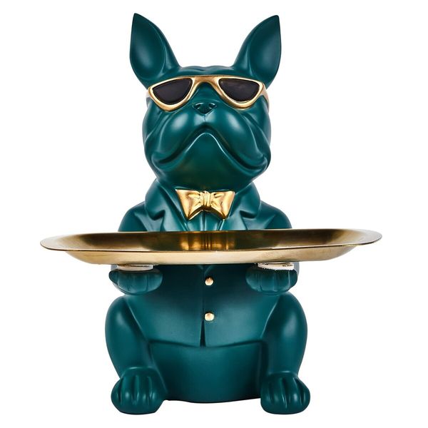 Bulldog Statue Key Bowl for Entryway Table Resin Storage Tray Modern Style Decorations for Home Table-Green