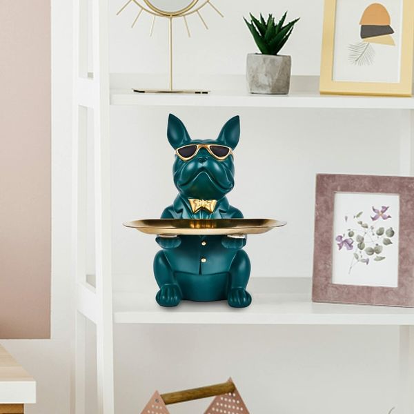 Bulldog Statue Key Bowl for Entryway Table Resin Storage Tray Modern Style Decorations for Home Table-Green