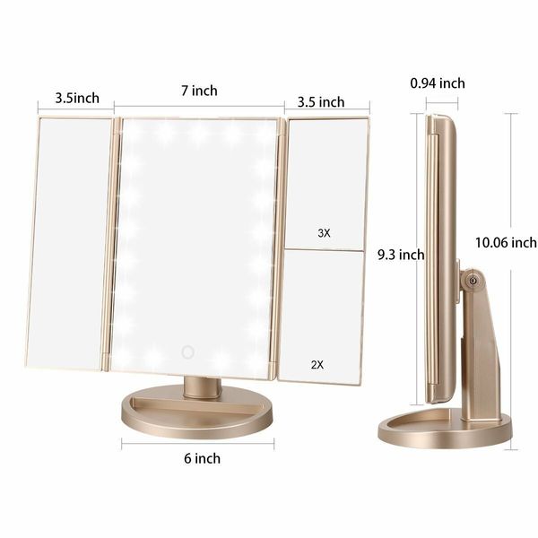 Tri-Fold Lighted Vanity Mirror with 22 LED Lights Touch Screen 3X/2X/1X Magnification Make Up Mirror-Gold