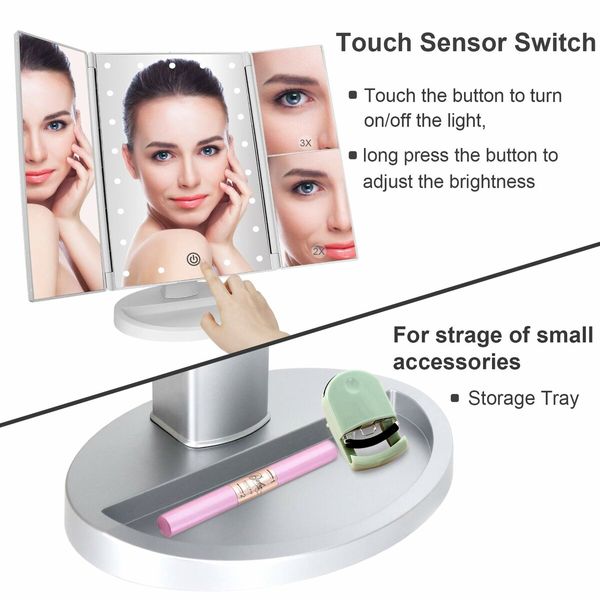 Tri-Fold Lighted Vanity Mirror with 22 LED Lights Touch Screen 3X/2X/1X Magnification Make Up Mirror-Silver