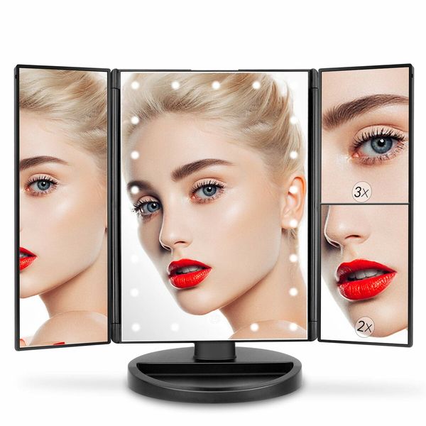 Tri-Fold Lighted Vanity Mirror with 22 LED Lights Touch Screen 3X/2X/1X Magnification Make Up Mirror-Black