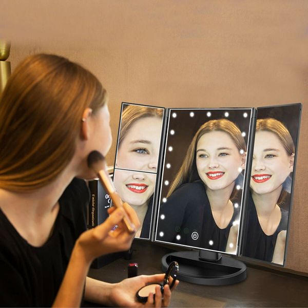 Tri-Fold Lighted Vanity Mirror with 22 LED Lights Touch Screen 3X/2X/1X Magnification Make Up Mirror-Black