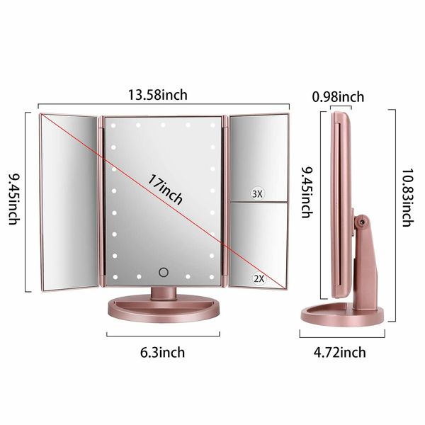 Tri-Fold Lighted Vanity Mirror with 22 LED Lights Touch Screen 3X/2X/1X Magnification Make Up Mirror-Rose Gold