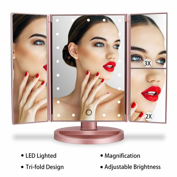 Tri-Fold Lighted Vanity Mirror with 22 LED Lights Touch Screen 3X/2X/1X Magnification Make Up Mirror-Rose Gold