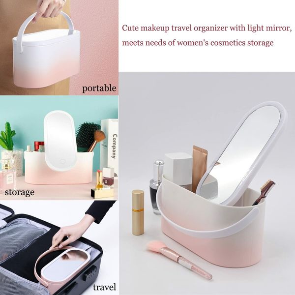 Travel Makeup Case Cosmetic Organizer Box with LED Vanity Mirror Storage Case Portable for Women Girls-Pink