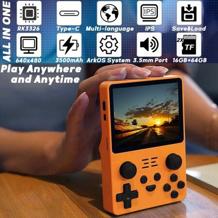 Handheld Game Console 3.5 inch Retro Games Consoles Classic Emulator Hand-held Gaming Console Preinstalled Hand Held Video Games System 64GB Yellow