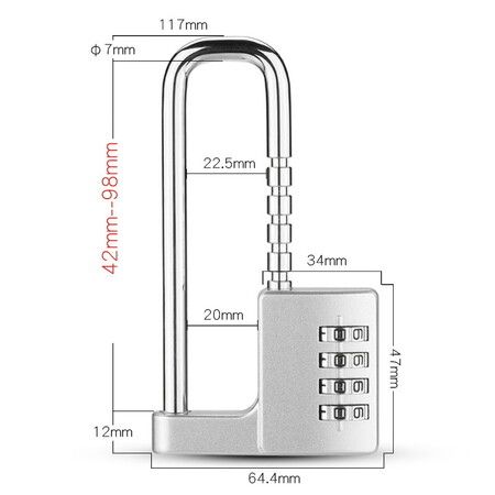 Padlock  Combination Lock  4 Digit Combination Padlock 8 gears retractable Stainless Steel Long Shackle is Suitable for Outdoor, School, Gym