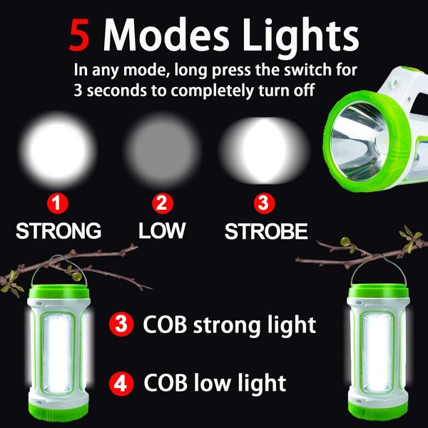 LED Emergency Handheld Flashlight,Solar USB Rechargeable Camping Lantern Waterproof for Camping Outdoor?Green?