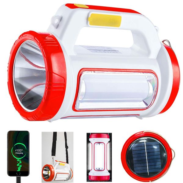 LED Emergency Handheld Flashlight,Solar USB Rechargeable Camping Lantern Waterproof for Camping Outdoor?Red?