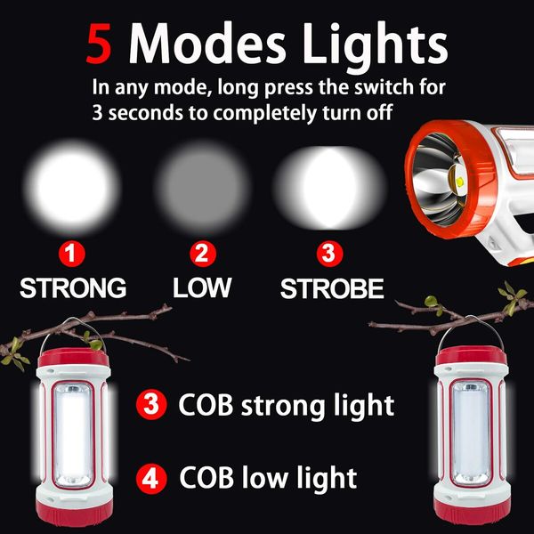 LED Emergency Handheld Flashlight,Solar USB Rechargeable Camping Lantern Waterproof for Camping Outdoor?Red?