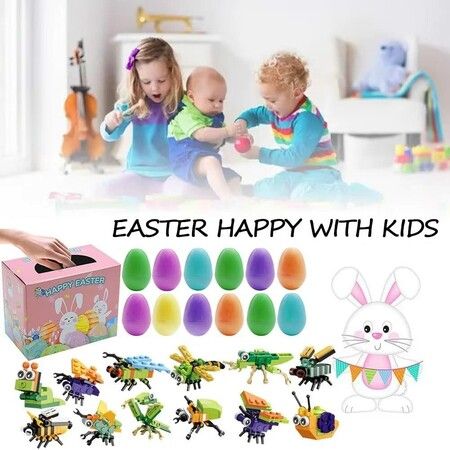 Prefilled Easter Eggs with Dinosaur Building Blocks,Easy Assemble Surprise Easter Egg Toys Easter Party Favors,Easter Basket Stuffers,Easter Egg Hunting,Classroom Prize Toys (12 Pcs)