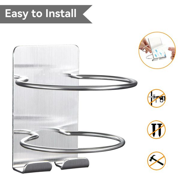 Hair Dryer Holder Wall Mount Self Adhesive 304 Stainless Steel Bathroom Hair Blow Dryer Rack Organizer-Silver