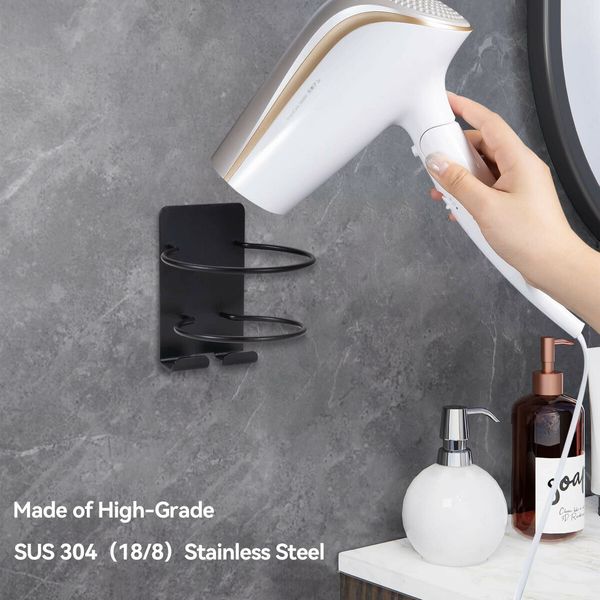 Hair Dryer Holder Wall Mount Self Adhesive 304 Stainless Steel Bathroom Hair Blow Dryer Rack Organizer-Black