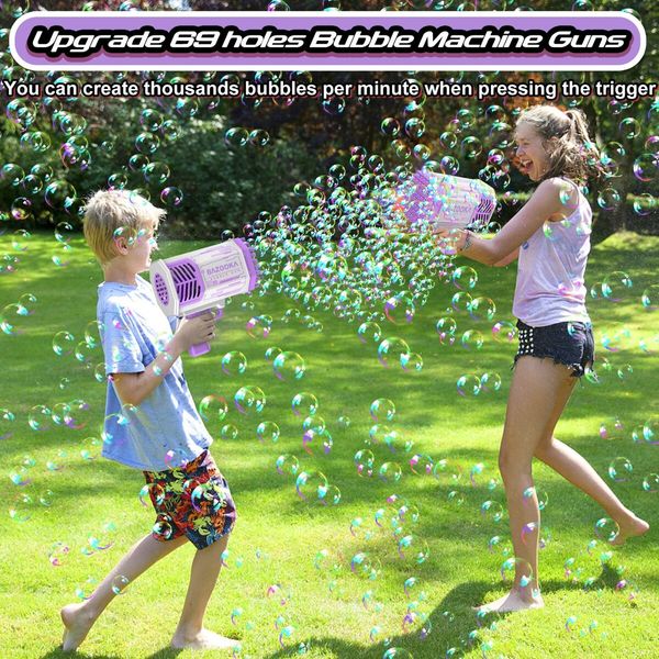 Bubble Machine Gun, Purple Bubble Gun with Lights/ Bubble Solution, 69 Holes Bubbles Machine for Adults Kids, Summer Toy Gift for Outdoor Indoor Birthday Wedding Party - Purple Bubble Makers