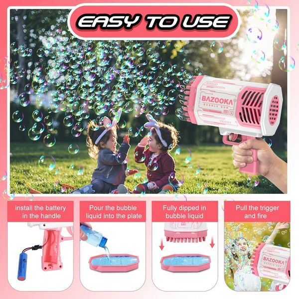 Bubble Machine Gun Pink Toys for Girls,69 Holes Bubble Guns with Thousands Bubbles and Colorful Lights,Cool Outdoor Toys Fun Gifts for Toddler Kids and Adult (Pink)