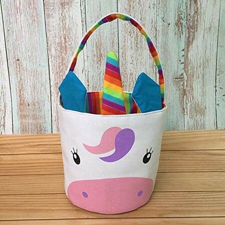 Easter Bunny Rainbow Unicorn Basket Egg Bags for Kids,Canvas Cotton Personalized Candy Egg Basket 20x22cm