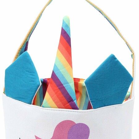 Easter Bunny Rainbow Unicorn Basket Egg Bags for Kids,Canvas Cotton Personalized Candy Egg Basket 20x22cm