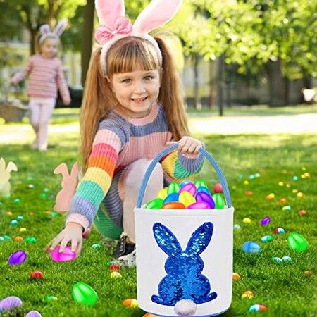 3 Pack Easter Eggs Hunt Baskets for Kids Sequins Bunny Ear Basket Egg Bags Rabbit Easter Party Decorations Gifts Toys Carry Bucket Tote 23x24cm