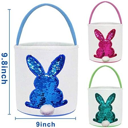 3 Pack Easter Eggs Hunt Baskets for Kids Sequins Bunny Ear Basket Egg Bags Rabbit Easter Party Decorations Gifts Toys Carry Bucket Tote 23x24cm