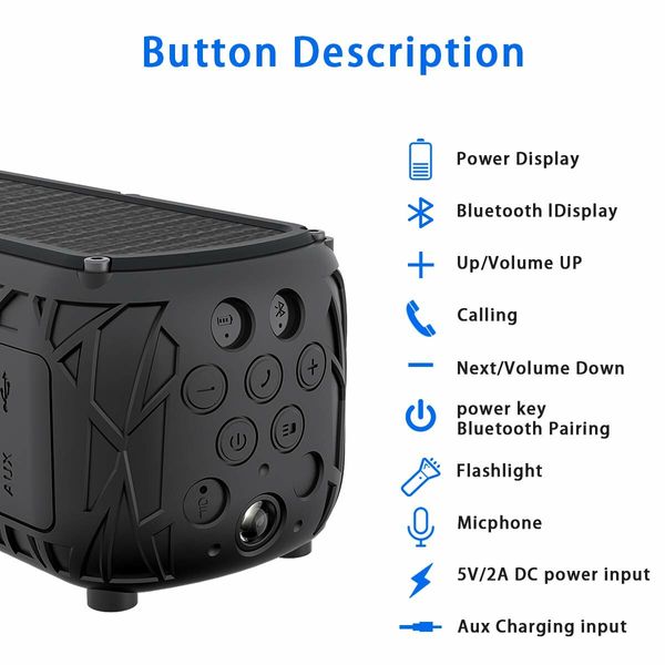 Solar Bluetooth Speaker Portable Waterproof Speaker with Mic Stereo Sound with Bass Home Wireless Speaker-Black