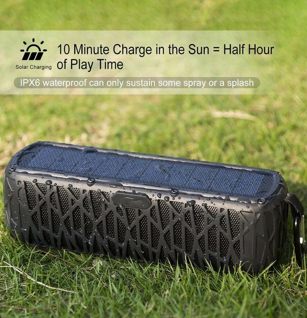 Solar Bluetooth Speaker Portable Waterproof Speaker with Mic Stereo Sound with Bass Home Wireless Speaker-Black