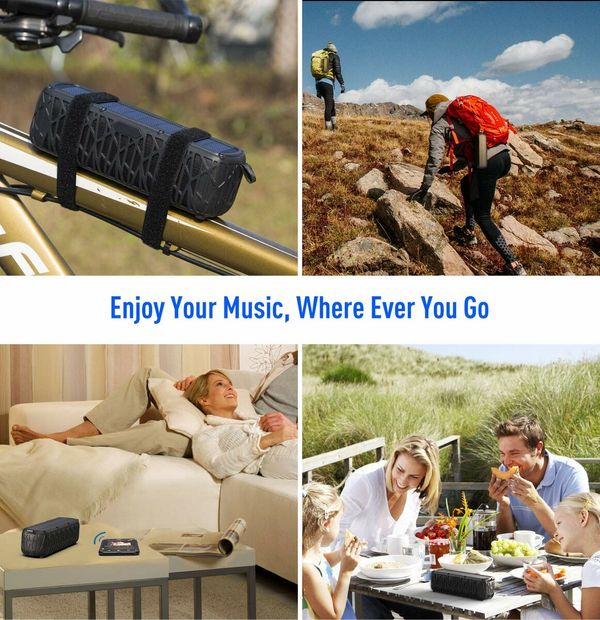 Solar Bluetooth Speaker Portable Waterproof Speaker with Mic Stereo Sound with Bass Home Wireless Speaker-Black