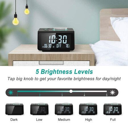 Small Digital Alarm Clock, FM Radio, Dual USB Charging Ports, Dual Alarms with 7 Sounds, Adjustable Volume, Temperature