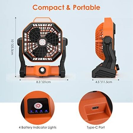 Portable Camping Fan Rechargeable Battery Operated Powered 270  Rotation Tent Floor Fan with Light/USB Cordless Hanging Powerful Outdoor Camp Travel Car