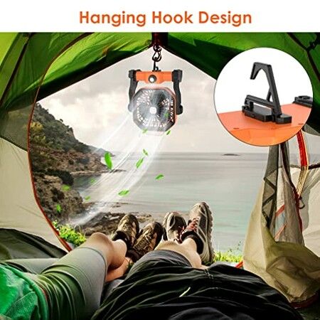 Portable Camping Fan Rechargeable Battery Operated Powered 270  Rotation Tent Floor Fan with Light/USB Cordless Hanging Powerful Outdoor Camp Travel Car