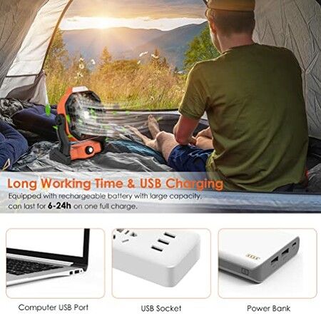 Portable Camping Fan Rechargeable Battery Operated Powered 270  Rotation Tent Floor Fan with Light/USB Cordless Hanging Powerful Outdoor Camp Travel Car