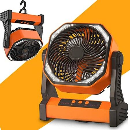 Portable Camping Fan Rechargeable Battery Operated Powered 270  Rotation Tent Floor Fan with Light/USB Cordless Hanging Powerful Outdoor Camp Travel Car