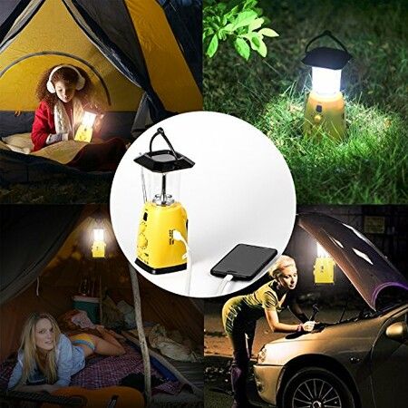 Camping Lantern Solar Rechargeable  Hand Crank  4-way Powered AM/FM Radio 8 LED Flashlight  Cell Phone Charger, Support AA Battery for Hike Climbing