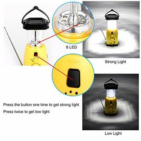 Camping Lantern Solar Rechargeable  Hand Crank  4-way Powered AM/FM Radio 8 LED Flashlight  Cell Phone Charger, Support AA Battery for Hike Climbing