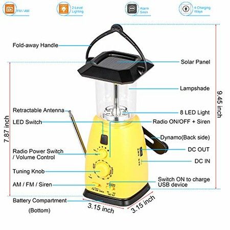 Camping Lantern Solar Rechargeable  Hand Crank  4-way Powered AM/FM Radio 8 LED Flashlight  Cell Phone Charger, Support AA Battery for Hike Climbing