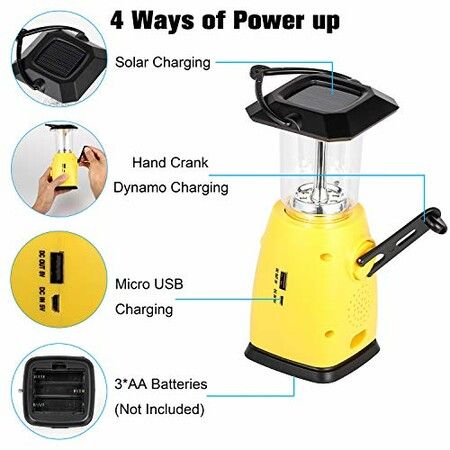 Camping Lantern Solar Rechargeable  Hand Crank  4-way Powered AM/FM Radio 8 LED Flashlight  Cell Phone Charger, Support AA Battery for Hike Climbing