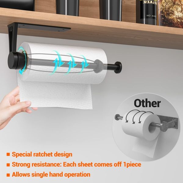 Paper Towel Holder Under Cabinet,Single Hand Operable Wall Mount Paper Towel Holder with Damping Effect,Self-Adhesive or Drilled for Kitchen Bathroom,Black