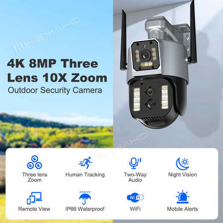 4MP Wifi Camera Three Dual Lens Outdoor Screens 10X Zoom Security Protection Video Surveillance Ptz Auto Tracking Ip Cam