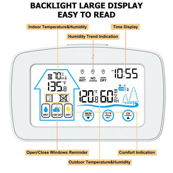 Weather Station LCD Digital Thermometer Hygrometer Indoor Outdoor Sensor Weather Forecast Window Reminder Clock-White