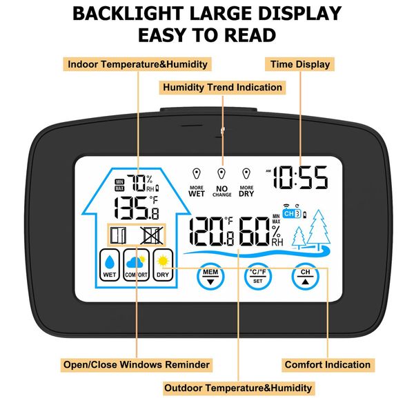 Weather Station LCD Digital Thermometer Hygrometer Indoor Outdoor Sensor Weather Forecast Window Reminder Clock-Black