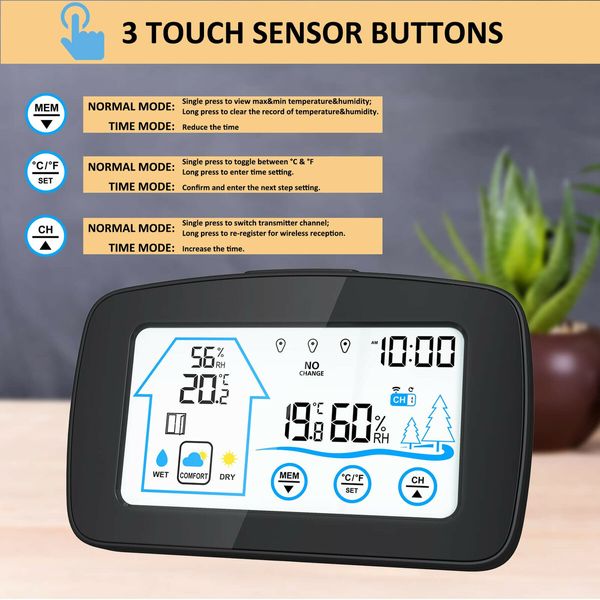 Weather Station LCD Digital Thermometer Hygrometer Indoor Outdoor Sensor Weather Forecast Window Reminder Clock-Black